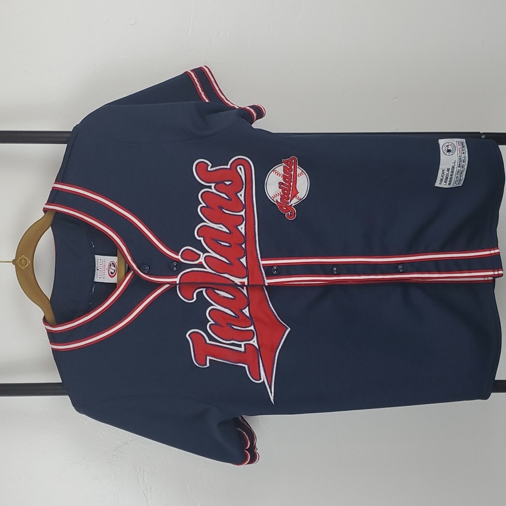 Vintage True Fan Indians Baseball Jersey kids size L blue buttons up patch